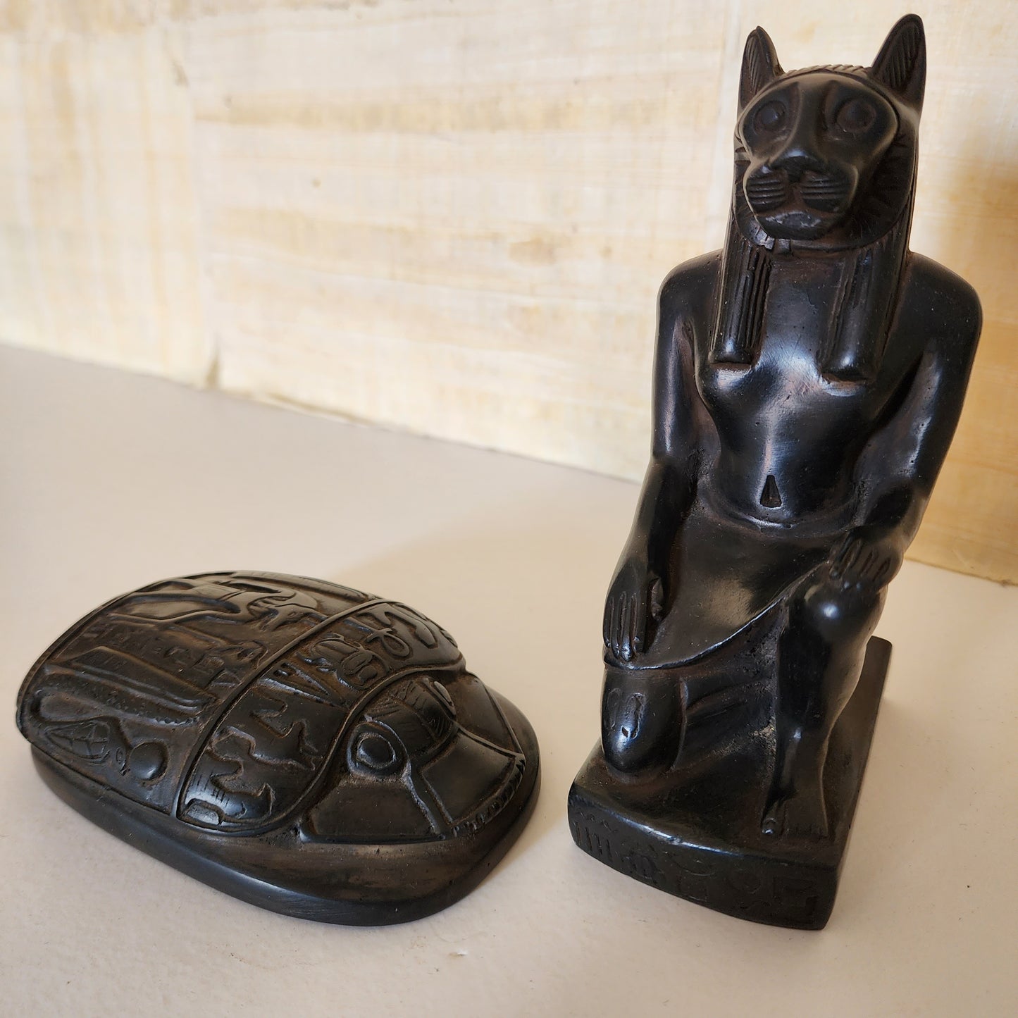 Sekhmet Goddess Statue & Scarab Beetle Hieroglyphics Egypt Figurine Healing Luck