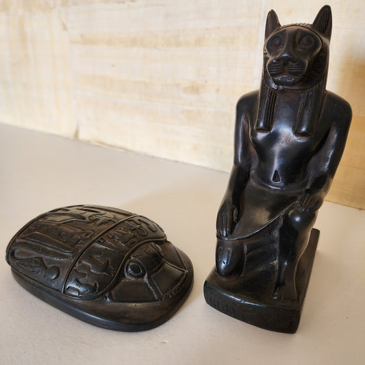 Sekhmet Goddess Statue & Scarab Beetle Hieroglyphics Egypt Figurine Healing Luck