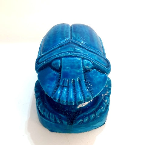 Lot of 2 Luck Ancient Egyptian Blue Golden Scarab Beetle Hieroglyphics Figurine