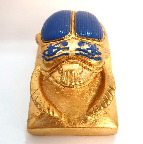 Lot of 2 Luck Ancient Egyptian Blue Golden Scarab Beetle Hieroglyphics Figurine