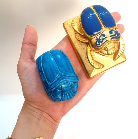 Lot of 2 Luck Ancient Egyptian Blue Golden Scarab Beetle Hieroglyphics Figurine