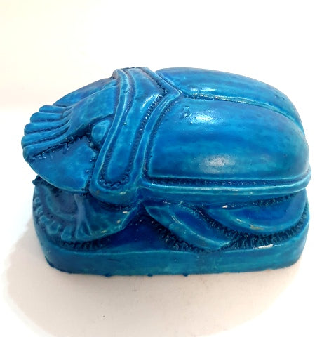 Lot of 2 Luck Ancient Egyptian Blue Golden Scarab Beetle Hieroglyphics Figurine
