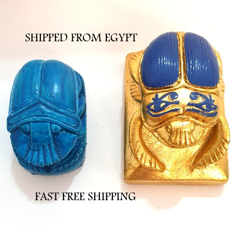 Lot of 2 Luck Ancient Egyptian Blue Golden Scarab Beetle Hieroglyphics Figurine