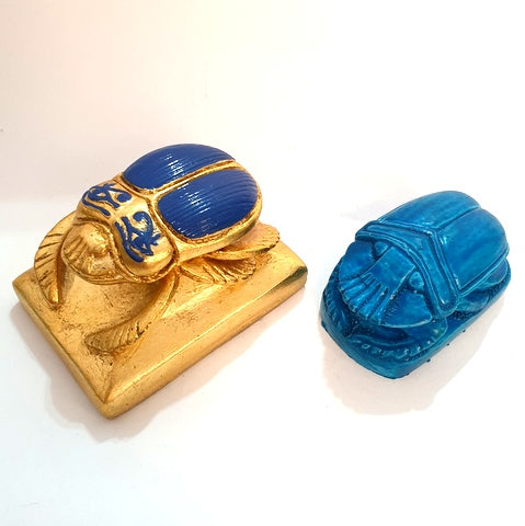 Lot of 2 Luck Ancient Egyptian Blue Golden Scarab Beetle Hieroglyphics Figurine