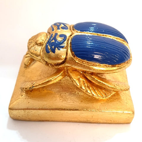 Lot of 2 Luck Ancient Egyptian Blue Golden Scarab Beetle Hieroglyphics Figurine