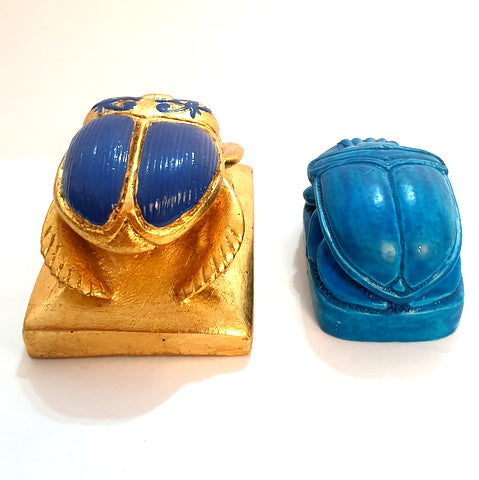 Lot of 2 Luck Ancient Egyptian Blue Golden Scarab Beetle Hieroglyphics Figurine